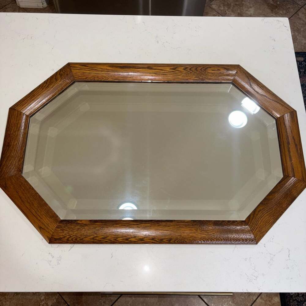 Vintage Oak Framed Octagonal Beveled Wall Mirror 28”x18”